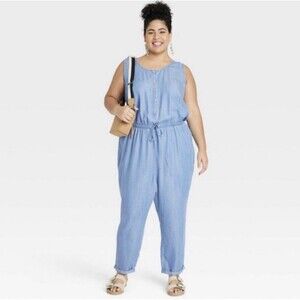 Knox Rose Womens Jumpsuit XXL Chambray Sleeveless Waist Tie Cuffs Lightweight